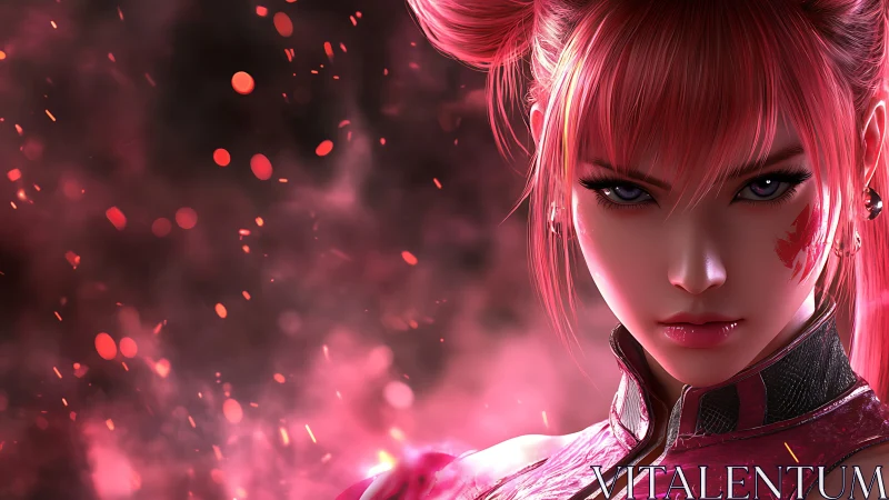 Fiery pink-haired warrior stares ahead in blazing embers.