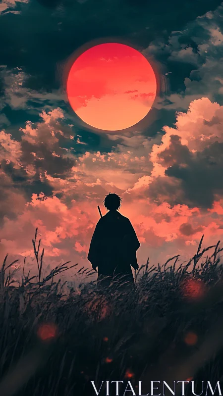 Backlit lone swordsman under hyper-saturated crimson sun.