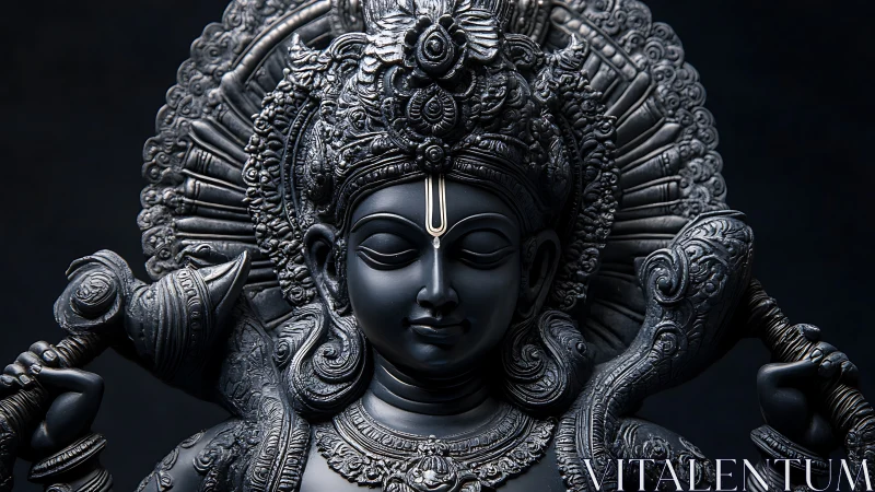 Photorealistic dark stone Hindu deity bust with ornate headdress.