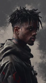 Brooding young man in dark hooded jacket with worn scars.