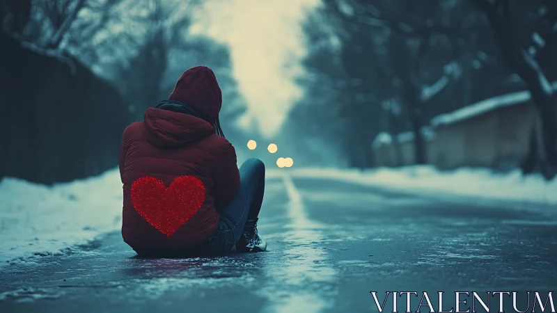 Solitary figure on icy road with luminous heart emblem