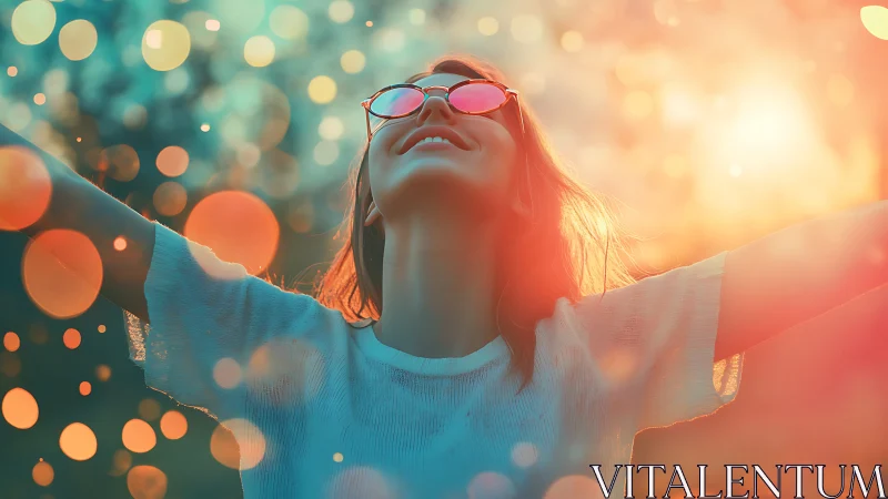 Joyful woman outdoors in sunlight with dreamy bokeh effect.