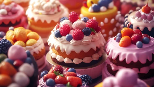 Decorated cakes with berries, cream layers, pink frosting.