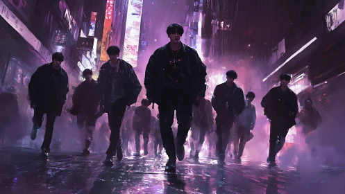 Group of figures walking in neon lit urban night street scene.