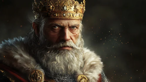 Regal bearded monarch in ornate crown under embered gloom.