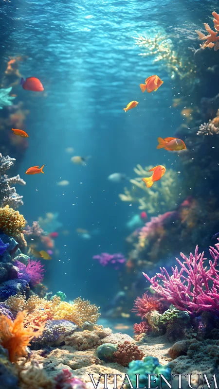 Sunlit coral reef teems with vivid tropical fish in motion.