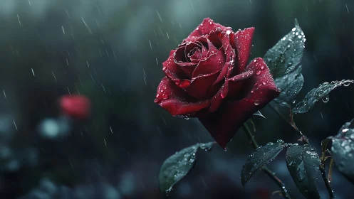 Single red rose gleams under soft rain in moody dusk