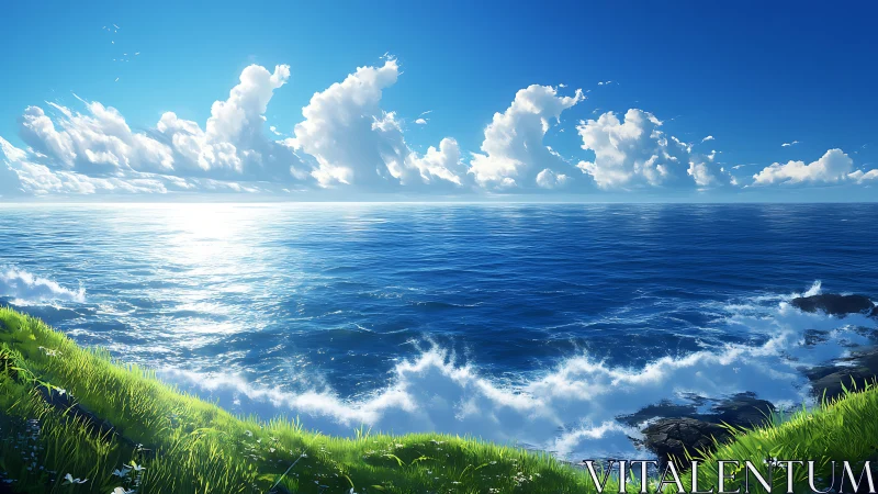 High-saturation coastal seascape with dynamic wave impact rendering