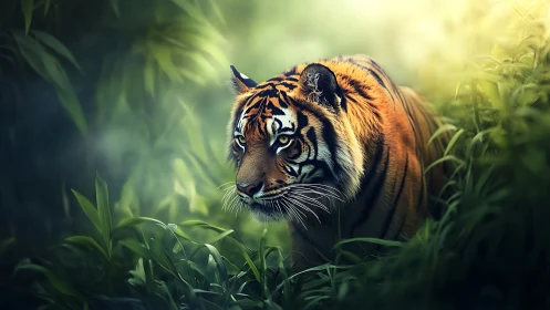 Quiet jungle prowl with a golden-lit tiger in focus.