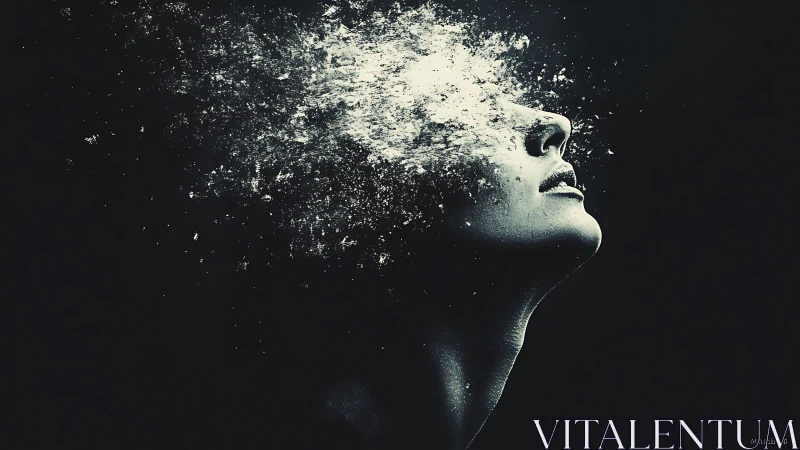 Shimmering human profile dissolves gently into cosmic dust