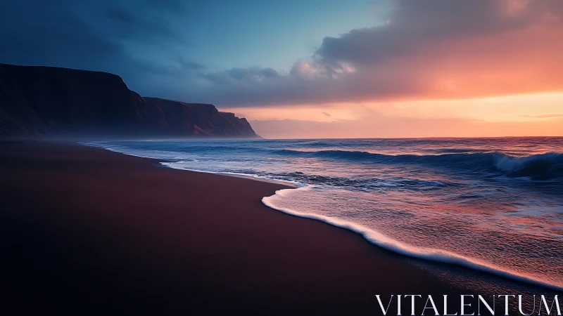 Twilight surf whispers along ember-lit volcanic shoreline.