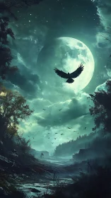 Raven soars under luminous full moon above mist valley.