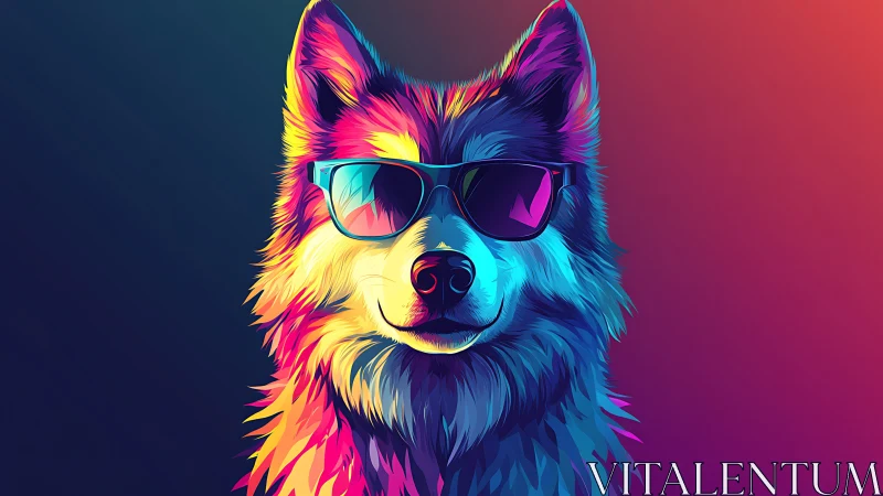 Canine portrait in neon gradient colors with sunglasses.
