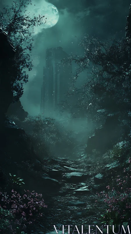 Moonlit ruin tower framed by foggy ravine and wet stone path