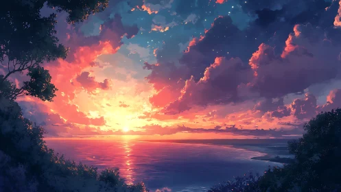 Radiant coastal sunset with luminous clouds and reflective sea