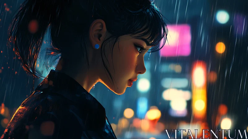 Woman stands in neon lit city street during heavy rain