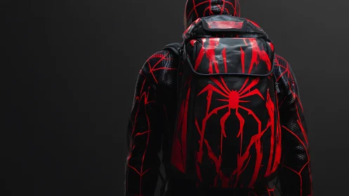 Neon web-runner backpack blazes with red arachnid power.