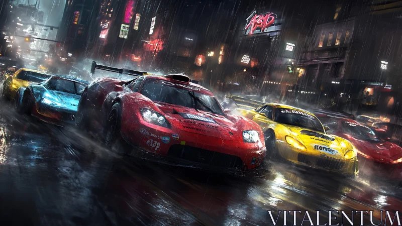 Rain-slicked supercars slice neon city streets at midnight