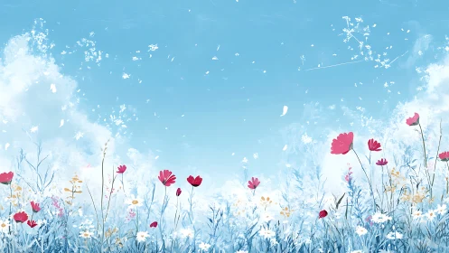 Wildflower meadow under clear sky captures quiet summer breeze