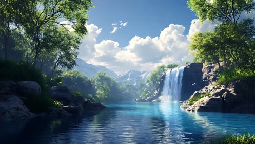 Sunlit alpine waterfall cascades into crystalline forest lake