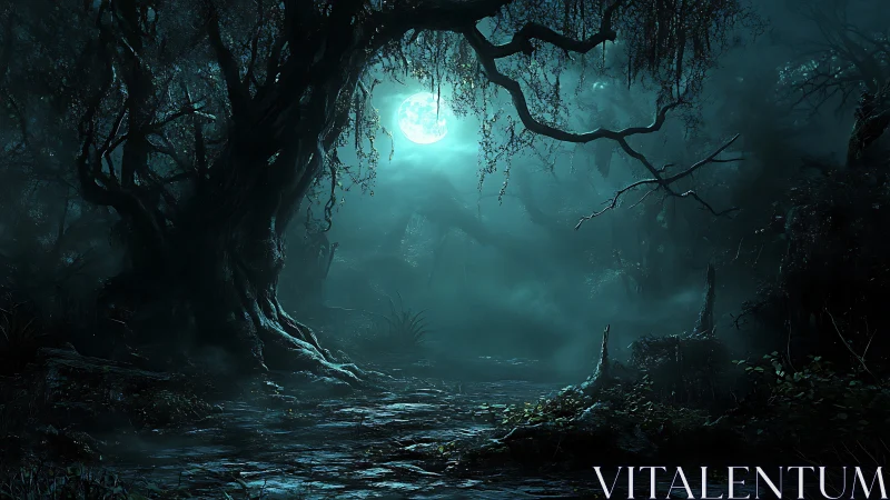 Moonlit haunted forest breathes eerie mist and silent dread
