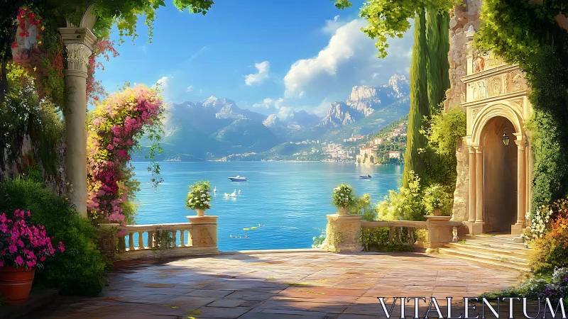 Mediterranean villa terrace facing serene alpine lake vista.