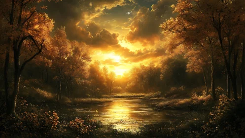 Golden autumn sunset ignites a tranquil forest river scene.