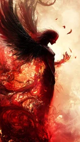 Fire-winged seraph leans into the storm of embers and ash