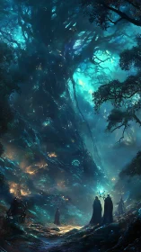 Arcane conclave beneath bioluminescent worldtree canopy