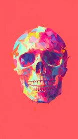 Prismatic neon skull grins brightly against hot coral void