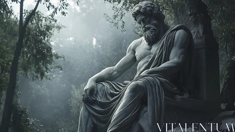 Photorealistic stone titan seated in misty forest clearing.