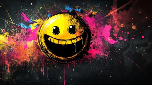 Bold neon smiley splashed with wild urban color energy.