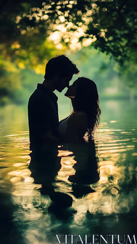 Silhouetted figures in water at golden hour.