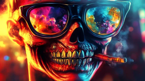 Neon skull portrait with smoking cigar and blazing lenses.