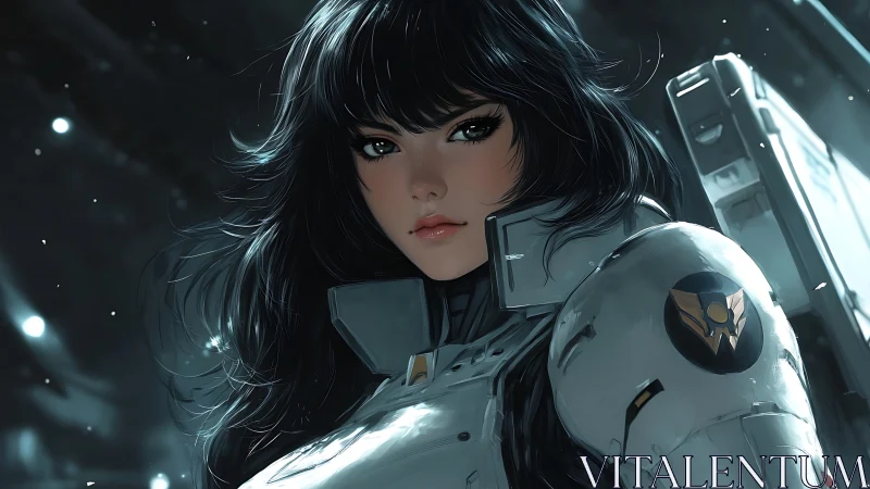 Armored space heroine in luminous sci fi battle suit.