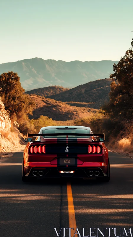 Red sports coupe aligns with mountain road under warm sunset light