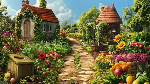Stone path meanders through a storybook cottage garden bloom
