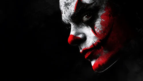 Sinister clown portrait emerges from deep black background