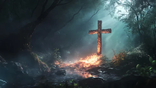 Cross stands in forest clearing amid localized ground fire