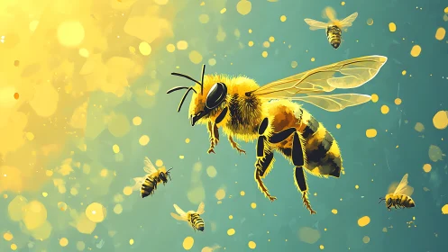 Sunlit worker bee drifts through a floating galaxy of pollen