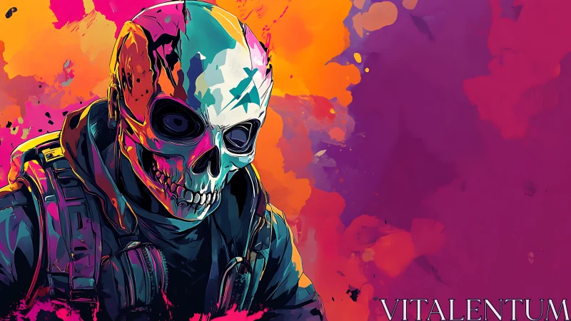 Neon vaporwave skull soldier portrait on explosive gradient field