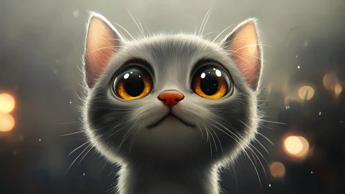 Gray Feline Portrait with Luminous Amber Irises and Detailed Facial Geometry.