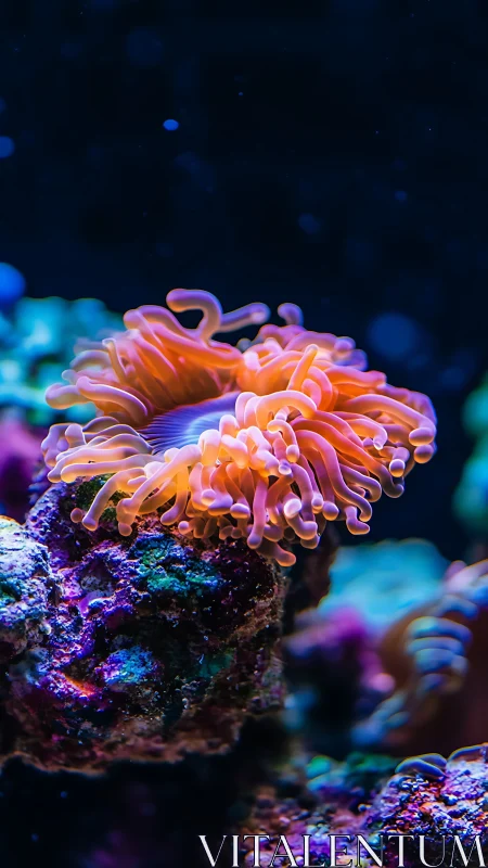Marine sea anemone on rock in controlled aquarium setting.