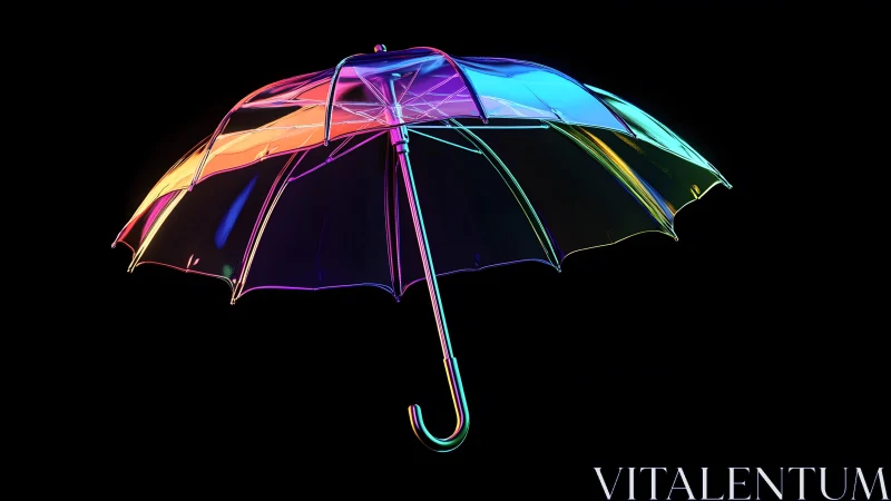 Vibrant Neon Umbrella on Black Background, Digital Art Style.