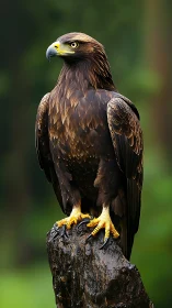 Golden eagle stands vigilant against a soft forest blur