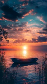 Rowboat on calm lake under vivid sunset sky at dusk.