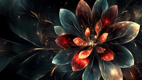 Radiant fractal flower blooms in luminous cosmic darkness