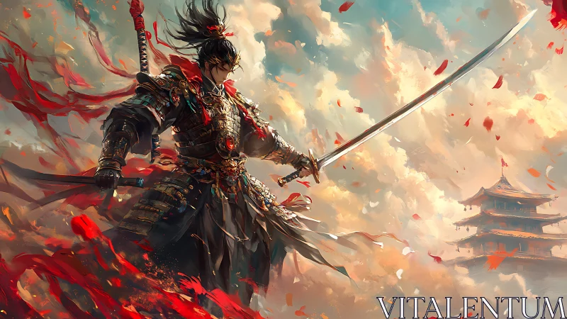 Armored swordsman in dynamic pose before distant pagoda.