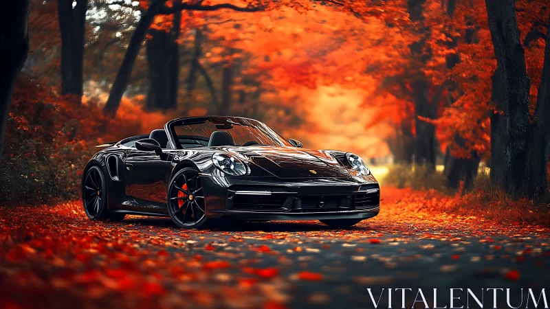Black convertible sports car stands on forest road in autumn