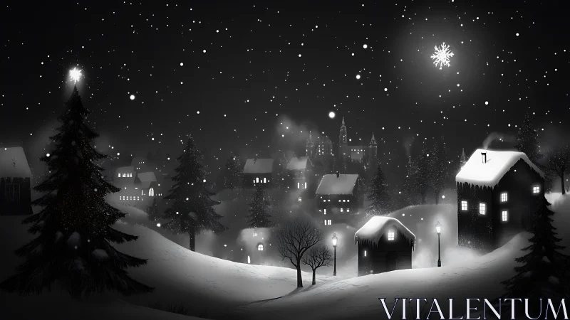 Snowlit village skyline beneath glowing winter stars.
